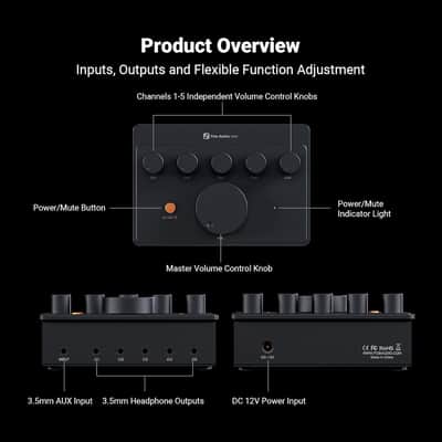 PH05 5-Channel Headphone Splitter Amplifier, Mini Headphones Amp for Music Studio, Audio Sharing, Podcast Monitor, Supports 16-300 Ohm High Impedance IEM with 12V Power Adapter image 2