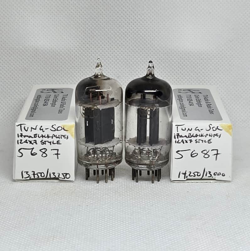 RARE Tung-Sol 5687 Black, Ribbed, 12AX7 Style Plates, Well Matched Pair (8.7%) NOS image 1