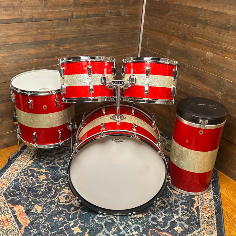 1968 Ludwig Red / Silver Sparkle Tri-Band Drum Set w/ Matching Canister Throne 22/13/13/16 image 1