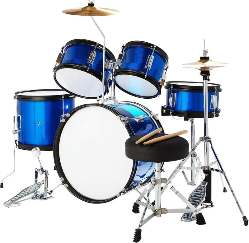 Drum Set, 5 Piece 16 Inch Junior Drums Kit with Bass, Toms, Snare Drum, Cymbal, Hi-Hat, Drumsticks & Seat for Beginner (Metallic Blue) image 1
