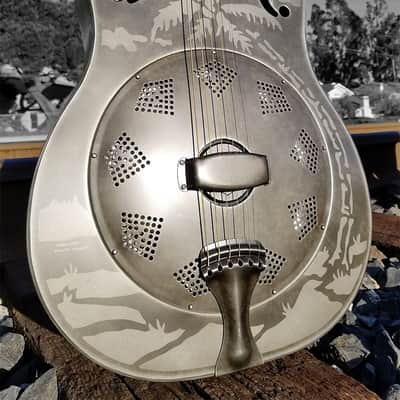 National Reso-Phonic Weathered Steel Style O 12 Fret 2023 Etched Palm Tree Scene image 8