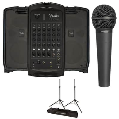 Fender Passport Event Series 2 375W 7-Channel Portable PA System with Bluetooth Bundle with 2x Ultimate Support JamStands JS-TS50 Tripod-Style Speaker Stand, Microphone image 1