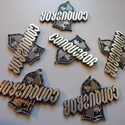 Vintage 1960's Japan "Conqueror" Headstock Badge/Emblem/Logo 1960's Silver/Black DISTRESSED/DAMAGED image 4