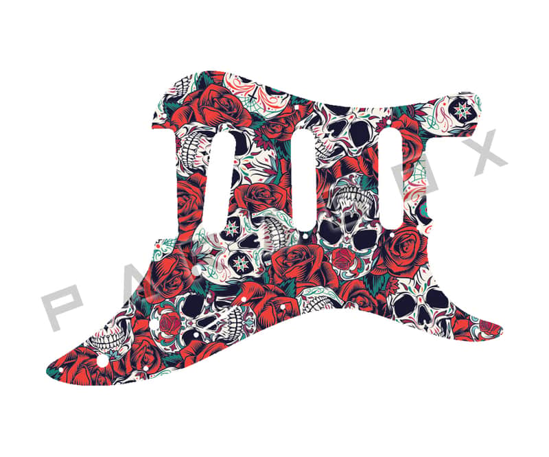 Custom Pickguard For 1986 - 1988 Made in Japan Squier by Fender Bullet S-3T - Dia De Muertos Calavera Skull & Rose Graphic .090" image 1