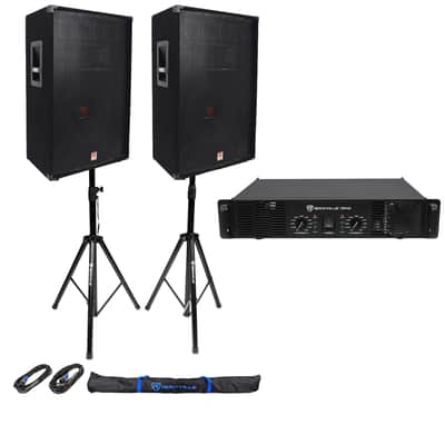 (2) Rockville RSG15 15" PA Speakers + Rockville RPA9 Amp + Stands + Cables+Case image 12