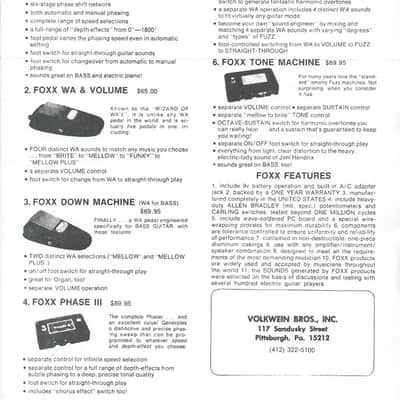 Vintage FOXX Guitar Effect Pedal Brochure 3 Pages RARE TONE WAH FUZZ WAH image 1