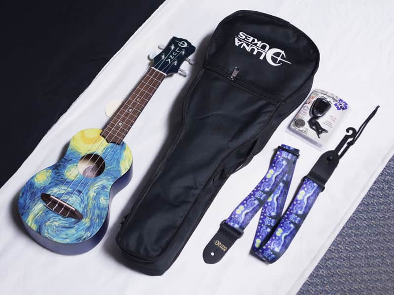 LUNA Starry Night Soprano UKULELE w/ Gig Bag, Strap Button, Tuner, new Uke - Mahogany - Blue image 1