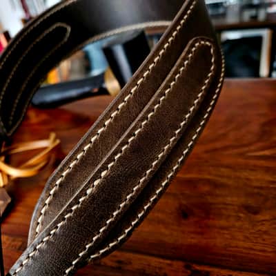 Hand Made, Hand Stitched Guitar strap "Rockatansky" in Elephant & Beige - Vegetable Tanned Leather image 7