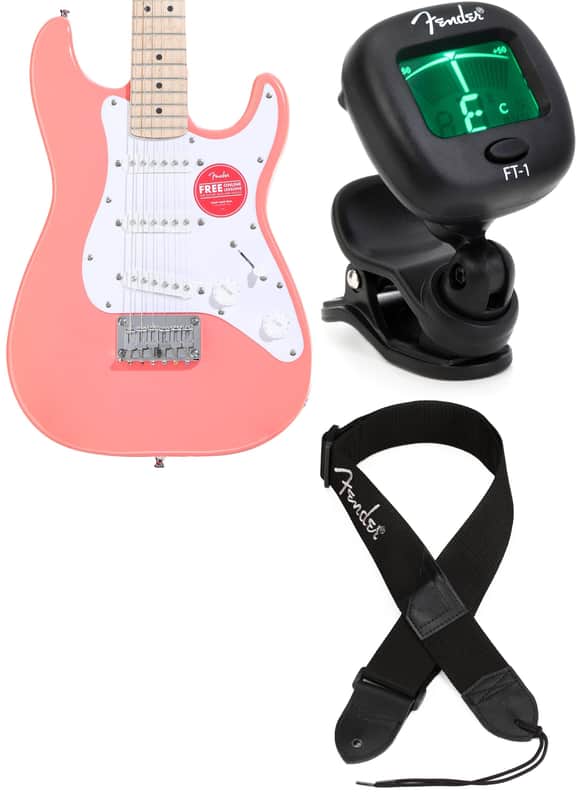 Squier Mini Stratocaster Electric Guitar - Tahitian Coral with Maple Fingerboard  Bundle with Fender FT-1 Pro Chromatic Clip-on Headstock Tuner... (3 Items) image 1