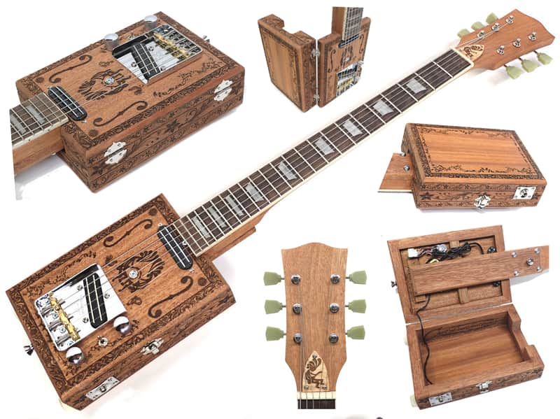 Handcrafted 2 Pickup Engraved Mahogany 6 String Opening Body 24.75"Scale Electric Cigar Box Guitar image 1