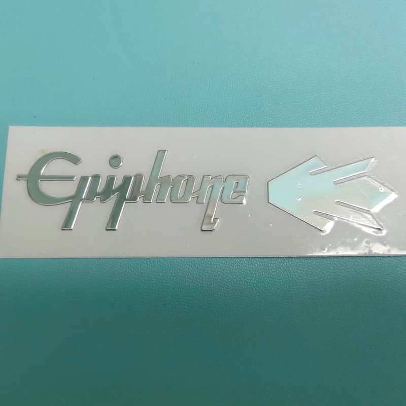 Guitar Head Silver Logo Metal Label UV Adhesive Tear off Film Leave Words - Epiphone image 1