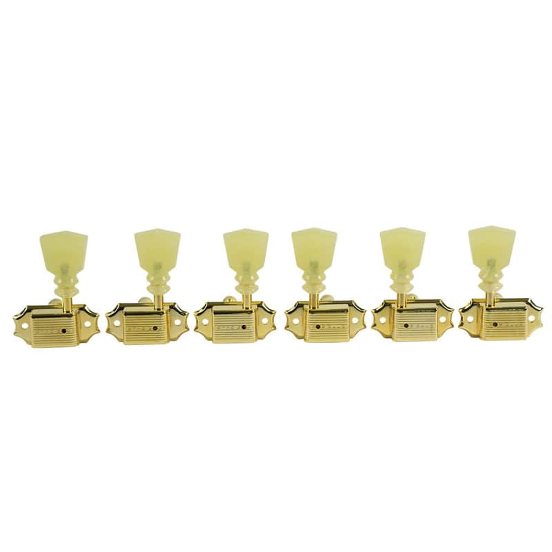 Kluson 3 Per Side Deluxe Series Tuning Machines - Single Line - Standard Post - Gold With Double Ring Plastic Keystone Buttons image 1