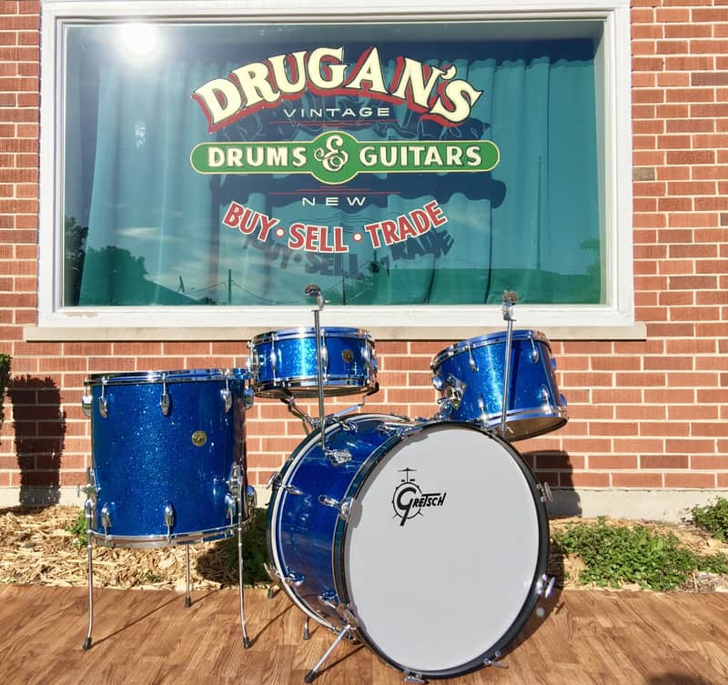 1959/60 Gretsch Round Badge Broadkaster Name-Band Drum Set - Blue Glass Glitter 22/13/16/5x14 Snare image 1