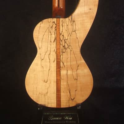 Handmade 5 String Harp Style Concert Ukulele, Solid Spalted Curly Maple, Taiwania , MOP Inlay, Bruce Wei HU15-2004 image 7