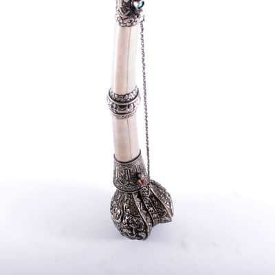 Antique Tibetan Ceremonial Hand Carved Silver Trumpet - Buddhist - Mus. Instrument - Monastery Religious Horn - Artifact - Bone Kangling - Shaman - Nepal image 8