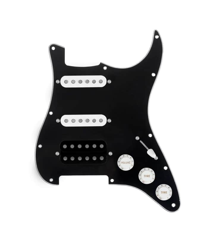 920D Custom HSS Loaded Pickguard For Strat With An Uncovered Smoothie Humbucker, White Texas Vintage Pickups, White Knobs, and Black Pickguard image 1