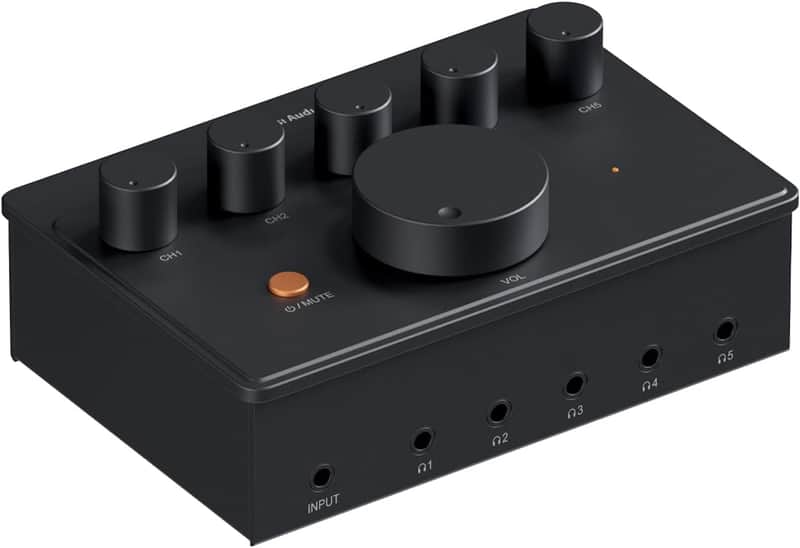 PH05 5-Channel Headphone Splitter Amplifier, Mini Headphones Amp for Music Studio, Audio Sharing, Podcast Monitor, Supports 16-300 Ohm High Impedance IEM with 12V Power Adapter image 1