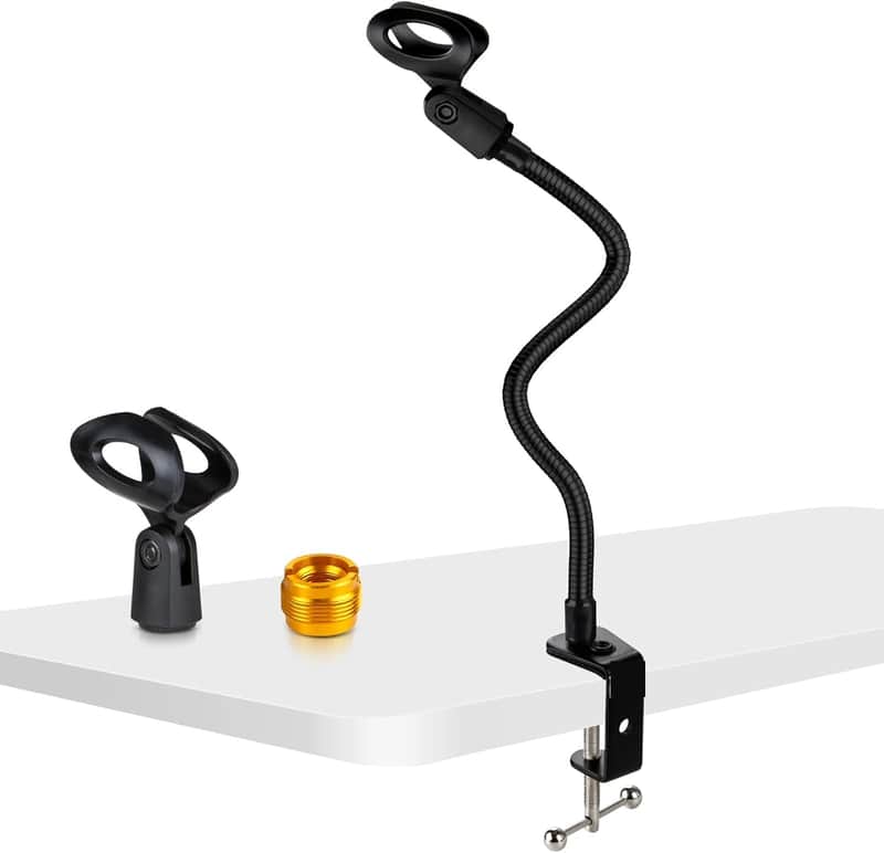 Desktop Mic Stand 13" Flexible Gooseneck Microphone Stand Desk Universal Microphone/Phone Stand Holder with Heavy Duty Desk Clamp, Mic Clip, 3/8" to 5/8" Screw Adapter for Universal Mic image 1