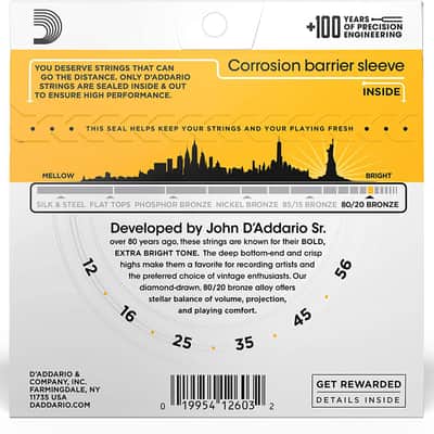 D'Addario EJ14 80/20 Bronze Light Top Med Bottom 12-56 Acoustic Guitar Strings image 2