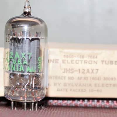 SYLVANIA JHS (JAN) 12AX7 ECC83 LONG PLATE HALO GETTER COPR GRID POST TIGHT BALANCE TEST NOS+++ IN BOX VINTAGE 1960 image 2