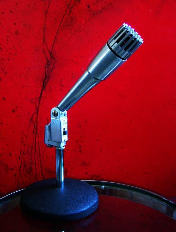 Vintage 1960's Calrad DM-21 dynamic Satin Chrome microphone w desk stand Lafayette Olson Aiwa display repair image 1