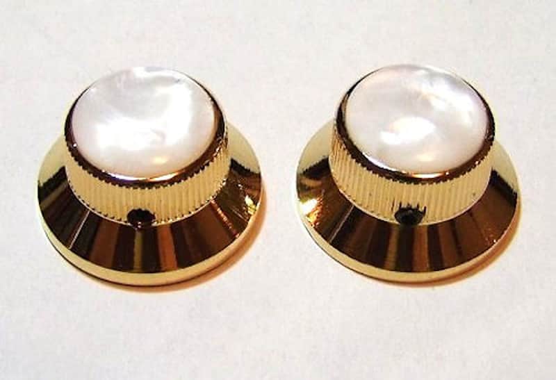 Guitar Parts METAL TOPHAT Skirt KNOBS 1/4in Hole - PEARL TOP - Set of 2 - GOLD image 1
