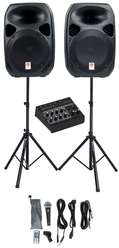Rockville RPG122K Dual 12" Powered Speakers, Bluetooth+Mic+Speaker Stands+Cables image 1
