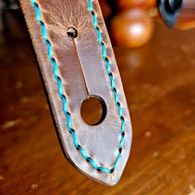 Hand Made, Hand Stitched Guitar strap "Rockatansky" in Taupe & Turquoise- Vegetable Tanned Leather image 21