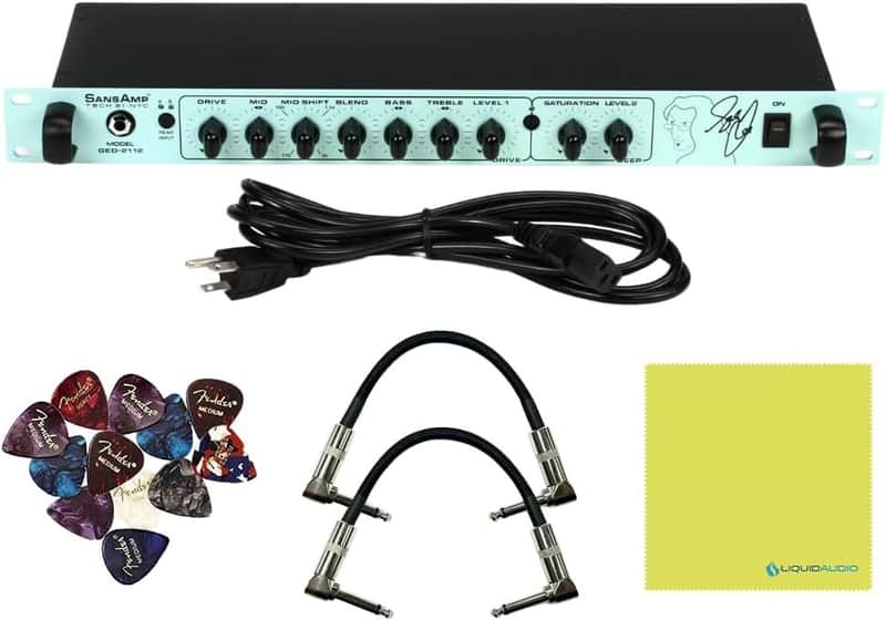 Tech 21 GED-2112 Geddy Lee Signature SansAmp Bundle w/ 2x Strukture S6P48 Woven Right Angle Patch Cables, 12x Fender Picks and Liquid Audio Polishing Cloth image 1