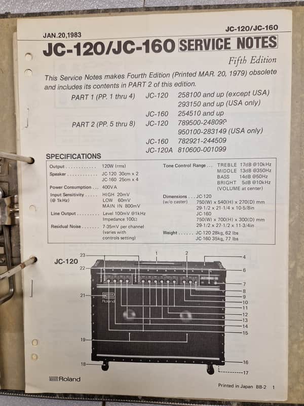 Roland JC-120 JC-160 Service Notes Manual image 1