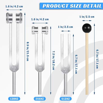 Tuning Fork Set (128Hz, 256Hz, 512Hz) Of 3, Weighted & Unweighted Aluminum Forks With Reflex Hammer And Storage Bag For Chakra/Healing/Medical/Sound Therapy Instruments/Yoga/Meditation Accessories image 3