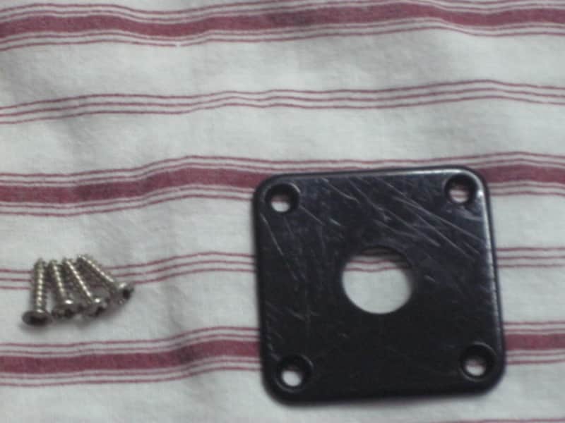 used (medium relic'd) genuine Gibson PRJP-010 Black Plastic Jack Plate for Les Paul (+ used nickel finish screws - but very clean gold finish screws available upon request) 1990s - 2020s (specifically from 1996) image 1