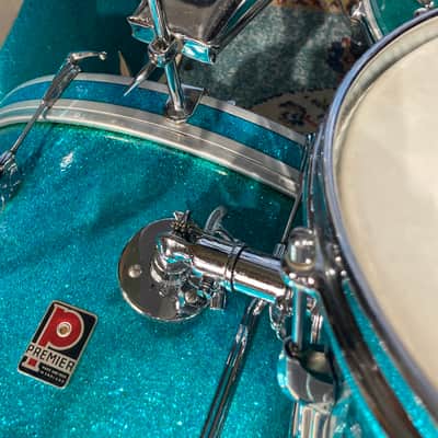 Premier 4-Piece Drum Set, 22", 16", 12" and 14x5.5" Matching Snare Drum, Hardware and Cases, All Original!! 1966 - Aquamarine Sparkle image 9