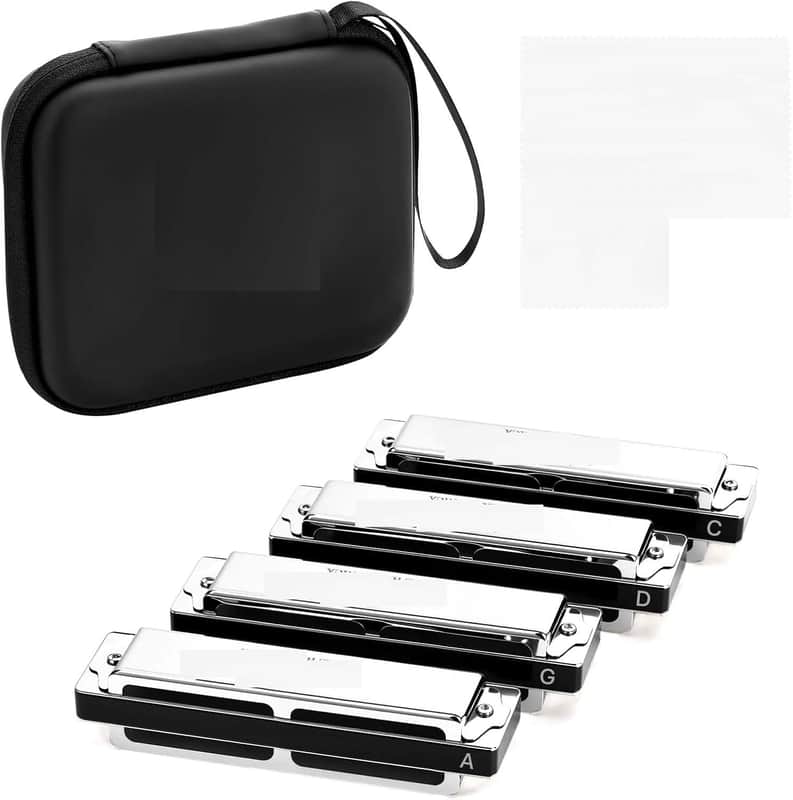 Professional Harmonica Set 4 Pack, 10 Hole 20 Tone Blues Harp in Keys C G D A, Silver Diatonic Mouth Organ Bundle with Stainless Steel Cover for Practice, Studio, Band Jam & Stage Performance image 1