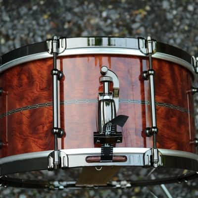 HHG drums 14x7 Bubinga, Tulipwood, Maple  2021 High Gloss Natural Lacquer, Herringbone Inlay, Black Nickel Hardware image 10