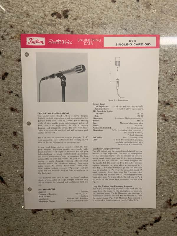 Vintage 1970s Kustom Electro-Voice 670 Single D Cardoid Microphone Spec Sheet! image 1
