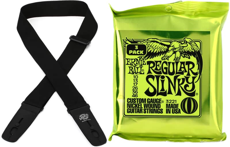 Lock-It Straps Professional Gig Series 2" Black Poly Strap with Locking Ends  Bundle with Ernie Ball 3221 Regular Slinky Nickel Wound Electric Guitar Strings - .010-.046 Factory 3-pack image 1