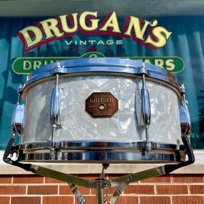 1970s Gretsch 4103 Renown 5.5x14 Snare Drum Stop Sign Badge White Marine Pearl image 16
