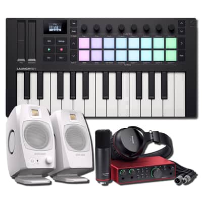 Novation Launchkey Mini 25 MK4 25-Key MIDI Keyboard Controller All-White Studio Bundle with Focusrite Scarlett 2i2 Studio 4th Gen Pack, CM25 MkIII Condenser Microphone, SH-450 Headphones, and ADAM Audio D3V White Desktop Monitors (Pair)