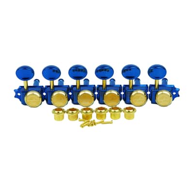 Guyker 6 Inline Vintage Guitar Lock String Tuners – Locking Tuning Key Pegs Machine Heads Replacement Parts for ST TL Style Electric, Folk or Acoustic Guitars – GK55SP, Blue+Gold image 3