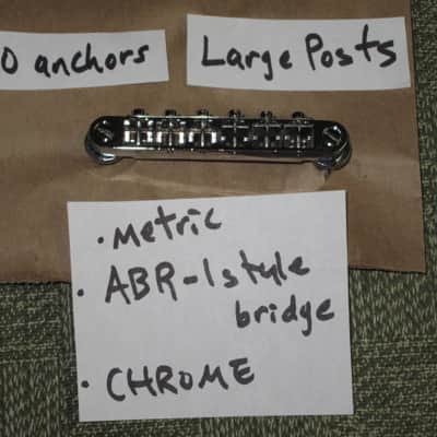 lightly used Epiphone B-2 metric ABR-1 vintage style bridge, wired,  CHROME, large posts mounting pieces (NO anchors) 1990s/2000s (for some import guitars that use this style bridge) will NOT fit on Gibson - mounting holes are too big image 2