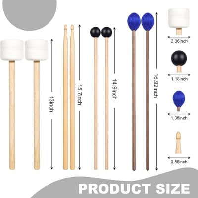 Drum Mallets Kit – 4 Pairs (Felt Timpani, Rubber, Marimba, 5A Drumsticks), Percussion Instrument Beginner Accessories for Steel Drum, Bass Drum, Glockenspiel, Xylophone Mallet image 2