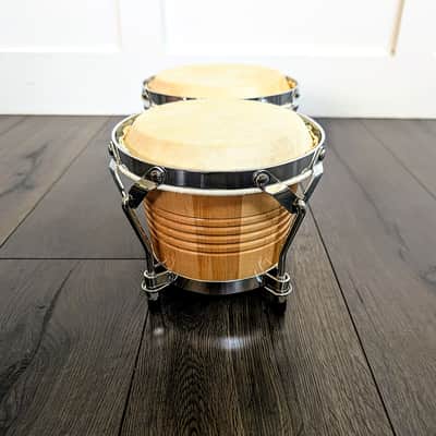 Vintage Latin Style Siam Oak Wood Bongos Hand Drum Percussion Natural Gloss Lacquer Shell Traditional Afro Cuban Rims Chrome Professional Grade image 4