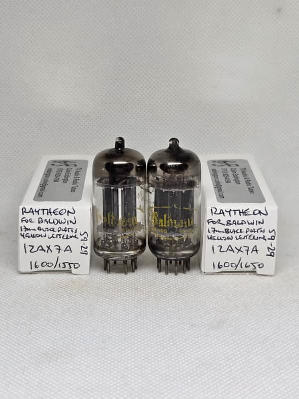 Raytheon Made For Baldwin 1959 12AX7A Long Black Plate Well Matched (1.5%) Pair NOS ECC83 12AX7 image 1