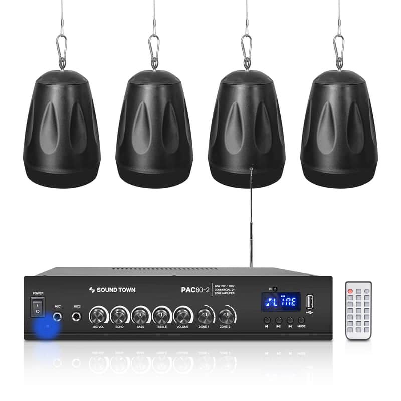 PAC80X4PD4B | Commercial Restaurant Power Amplifier Pendant Speaker Set, w/ a 2-Zone 70V/100V Amplifier w/ Bluetooth and 4 x Pendant Speakers, Black image 1