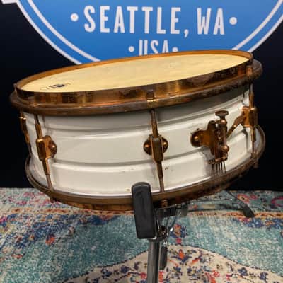 Leedy - 14x5" 8-Lug Multi-Model Snare Drum - White Lacquered Brass with Gold Hardware. 1920s image 7