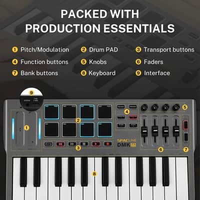 Professional Mini 25 Key USB MIDI Keyboard Controller With 8 Backlit Drum Pads Knobs control slider image 3