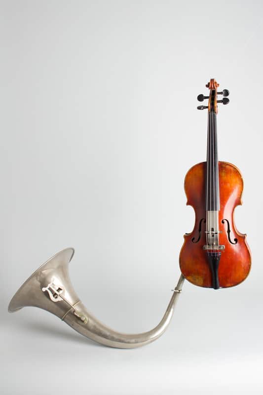 Jar Krumphans Praha Resophonic Violin, c. 1900, black hard shell case. image 1