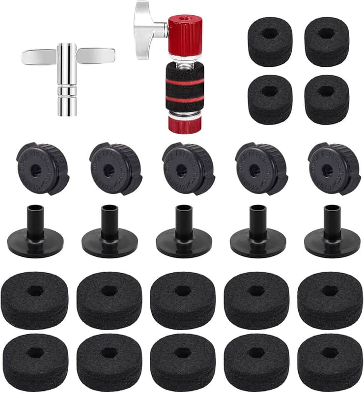 26PCS Cymbal Replacement Accessories, Standard Hi-Hat Clutch & Cymbal Stand Felts & Plastic Cymbals Nuts & Cymbals Sleeves & Clutch Felts and Drum Key T-Shape, Replacement for Drum Set image 1