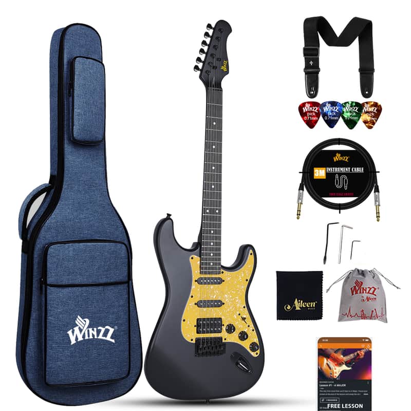 WINZZ EGS112H-BKM 39-inch ST Solid Poplar Wood Electric Guitar Kit HSS Pickup, Black Matte image 1